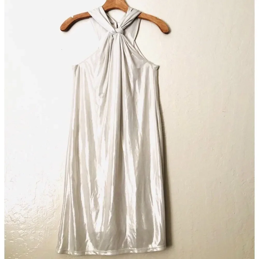 Halston Heritage Knot Drape V-Neck Mini Dress In White Gold Size: Small NWT - Picture 3 of 9